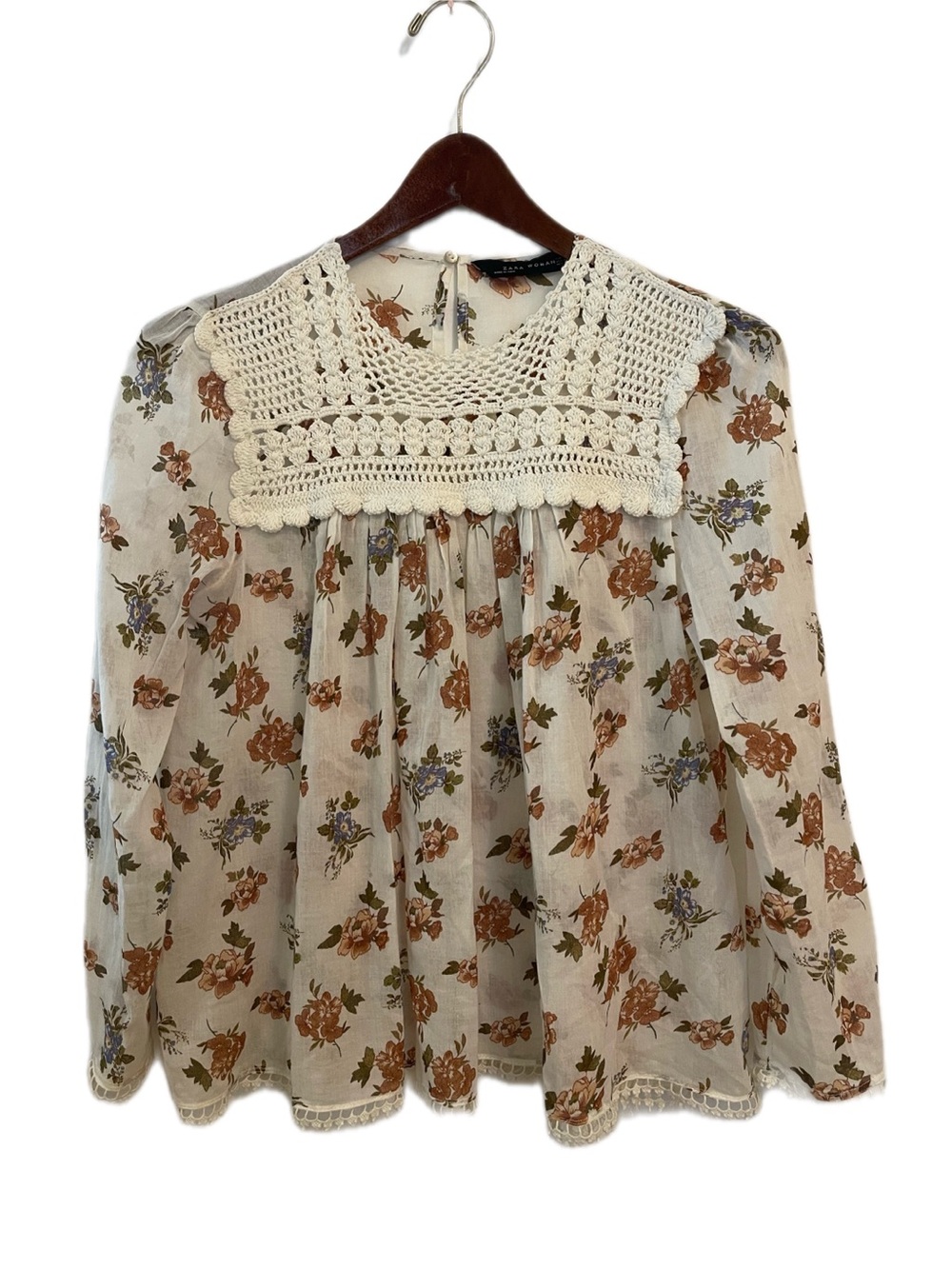 ZARA WOMAN Blouse Ivory XS Floral Crochet Yoke Long Sleeve Cotton Cottagecore